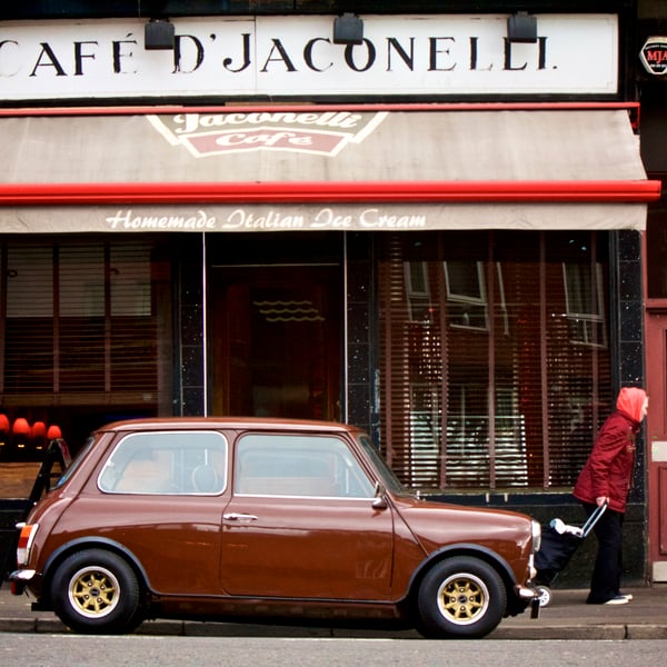 ‘Mini at Jaconelli’  Glasgow Signed Mounted Print  FREE DELIVERY