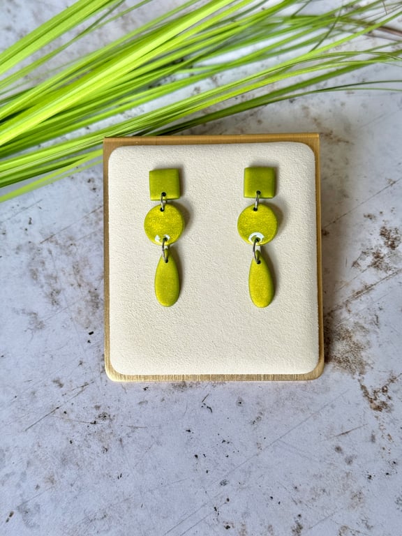 Metallic Green Geometric Three Drop Earrings