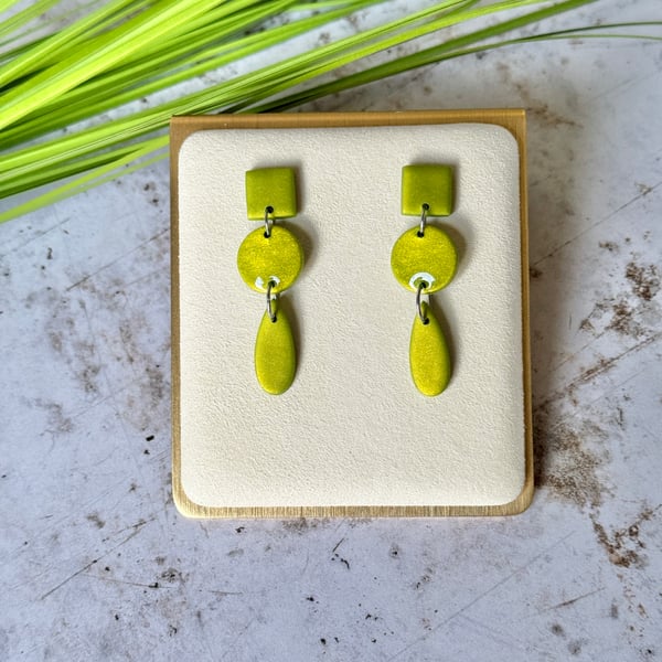 Metallic Green Geometric Three Drop Earrings