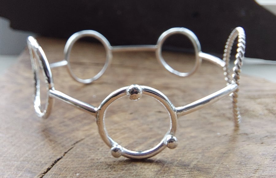 Sterling Silver Asymmetric Circle Design Slave Bangle - Handmade