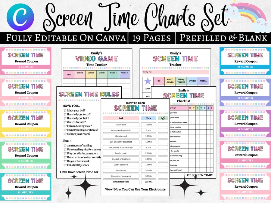 Kids Screen Time Charts Bundle, Kids Behavior Charts, Digital Download
