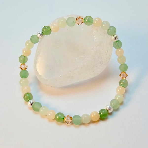 Green Aventurine, New Jade and Swarovski Crystal Bracelet - Handmade In Devon.