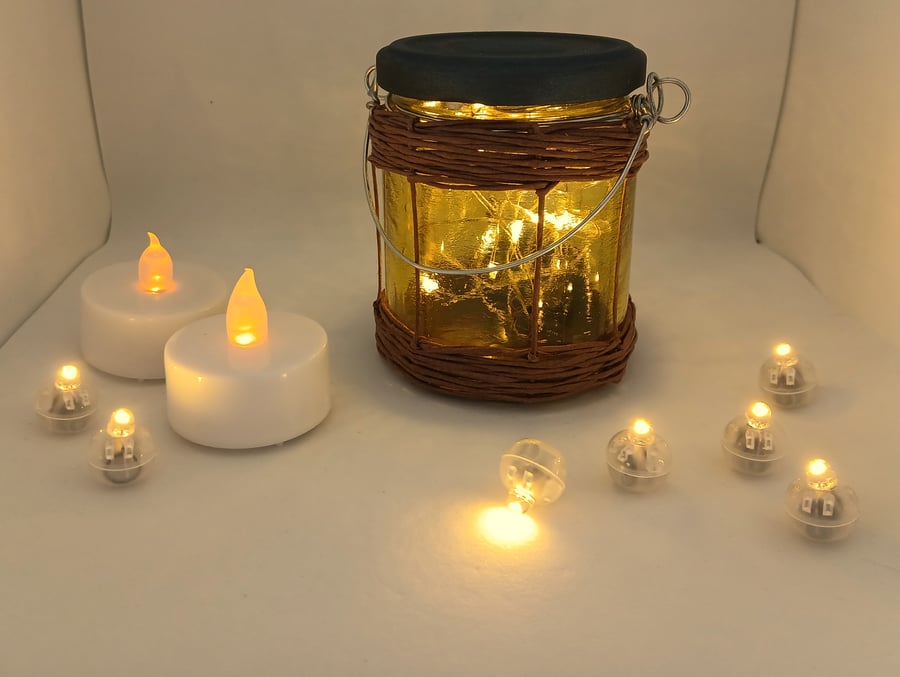 Small, Rustic, Painted Glass Jar Lantern with Fairy Lights (Mid Yellow)