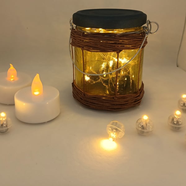 Small, Rustic, Painted Glass Jar Lantern with Fairy Lights (Mid Yellow)