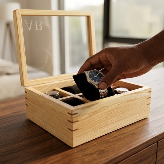 Watch Box For 6 Watches in Ash and Walnut, Personalised With Initials