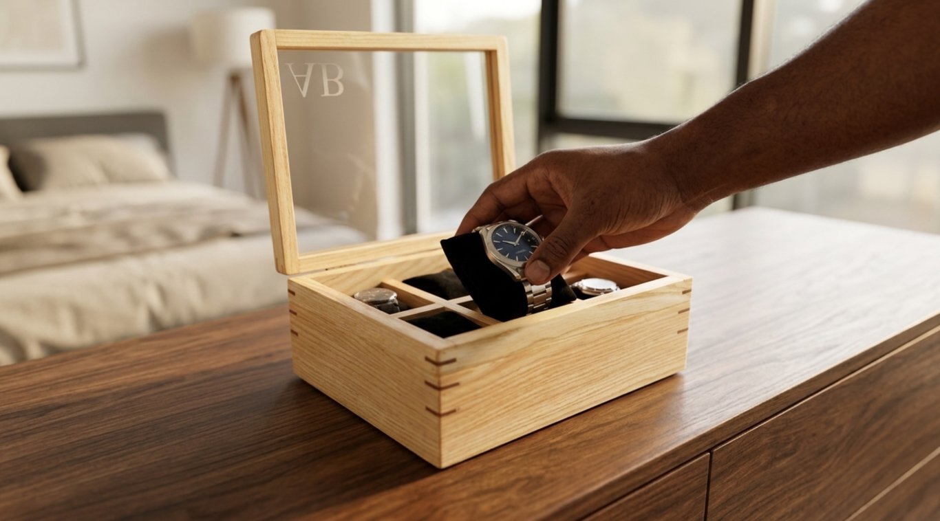 Watch Box For 6 Watches in Ash and Walnut, Personalised With Initials