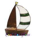 Yacht Sculpture Stained glass sails and wooden boat hull Green, white amber.