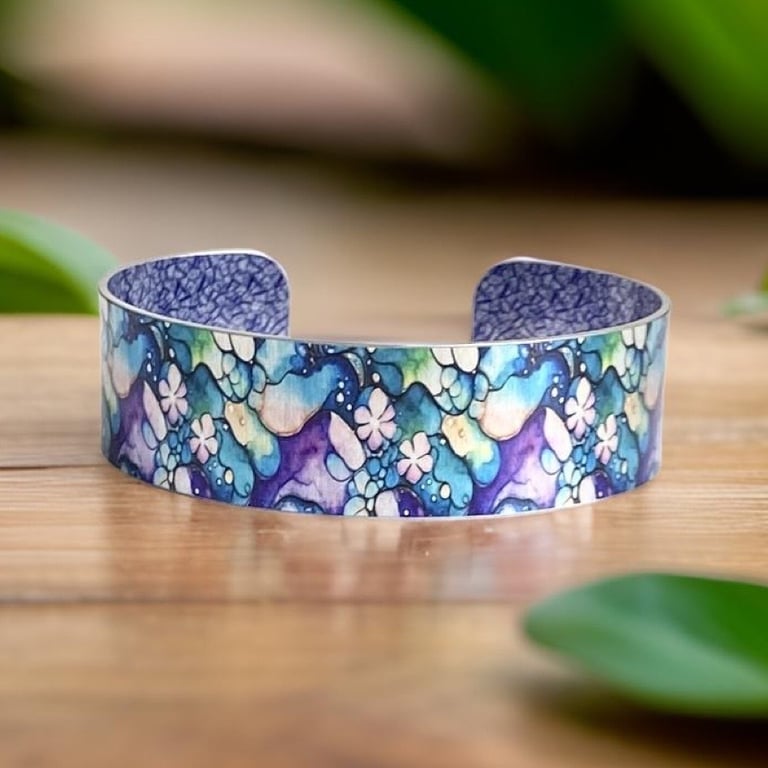 Purple blue bangle, abstract floral cuff bracelet. Can be personalised (837)