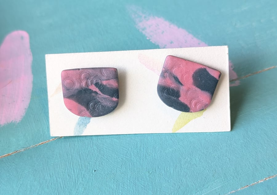 Pink and navy marbled polymer clay earrings