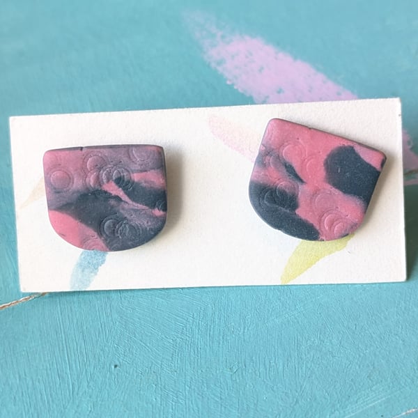 Pink and navy marbled polymer clay earrings