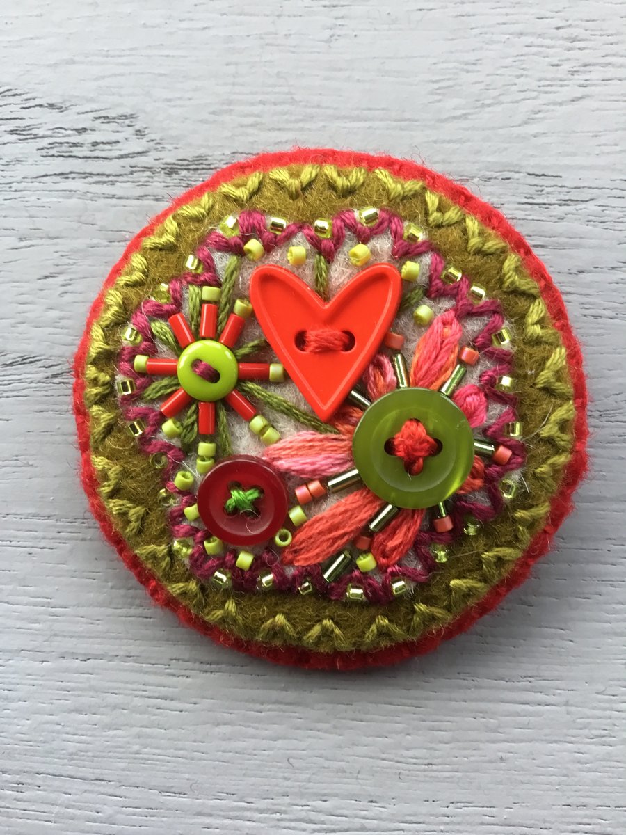 Hand Embroidered Heart Brooch