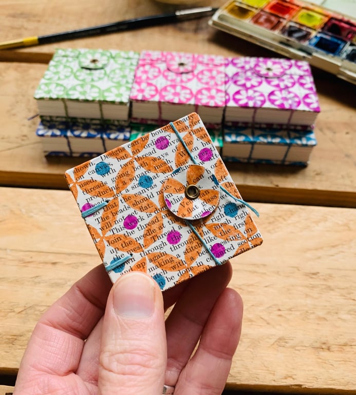 Tiny Watercolour Sketchbook with Hand-printed Geometric Cover. Autumn Leaf.