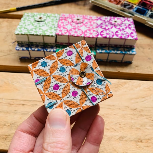 Tiny Watercolour Sketchbook with Hand-printed Geometric Cover. Autumn Leaf.
