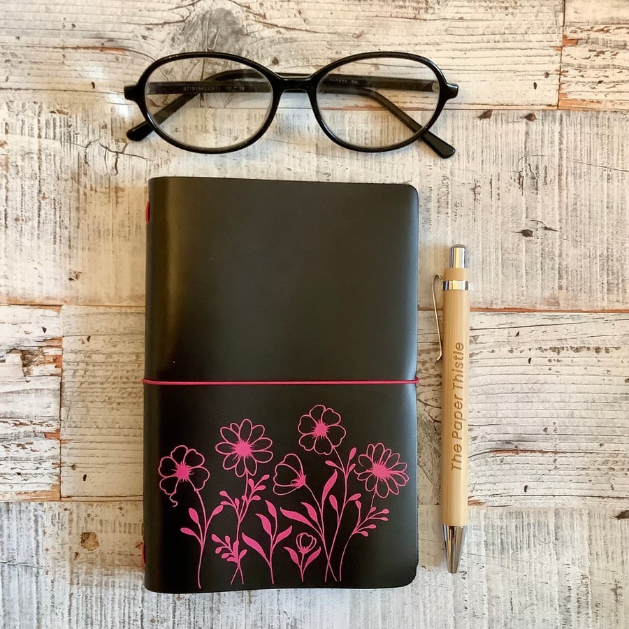 A6 Black Leather Notebook Journal Cover with 3 replaceable notebooks
