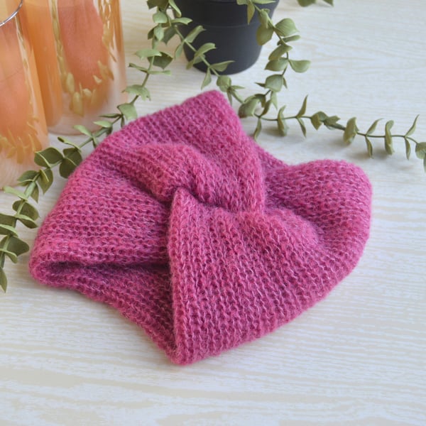 Knitted Headband Earwarmer Soft Alpaca Silk Fandango Pink Ready Made
