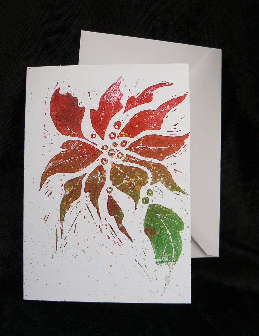 Hand-printed Lino Cut Christmas Card - Poinsettia Design