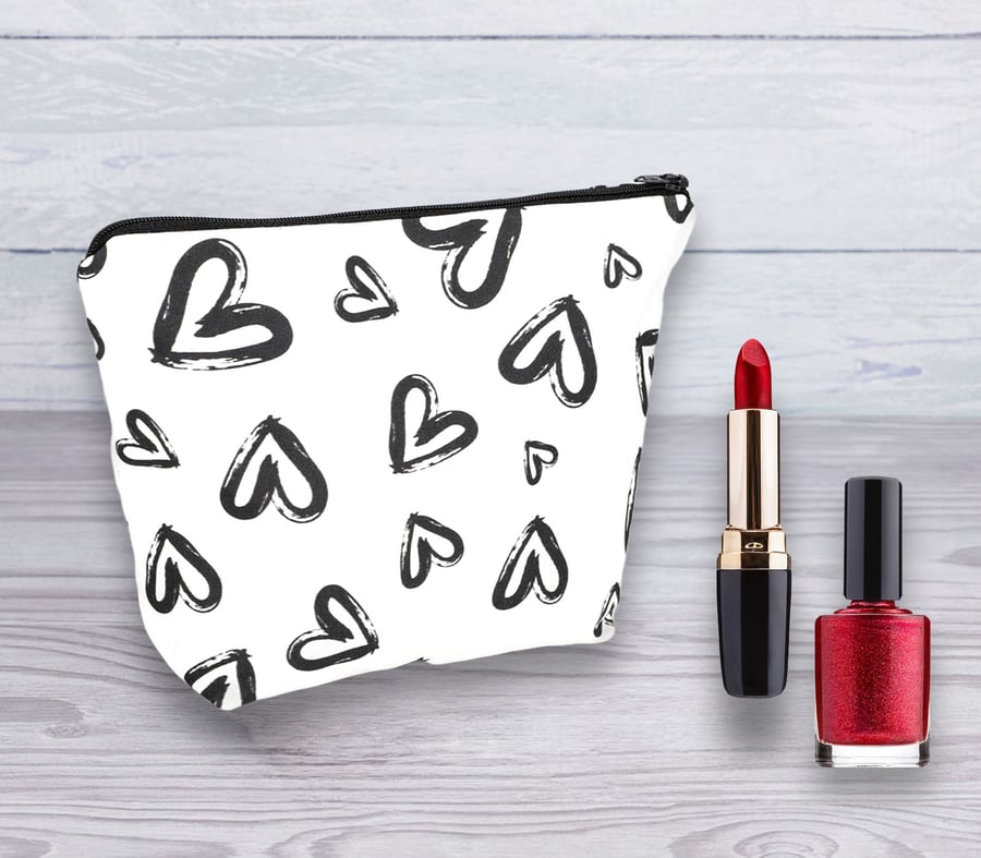 Cosmetic Bag, Make up Bag, Black Hearts Design, Cosmetic Bag-131