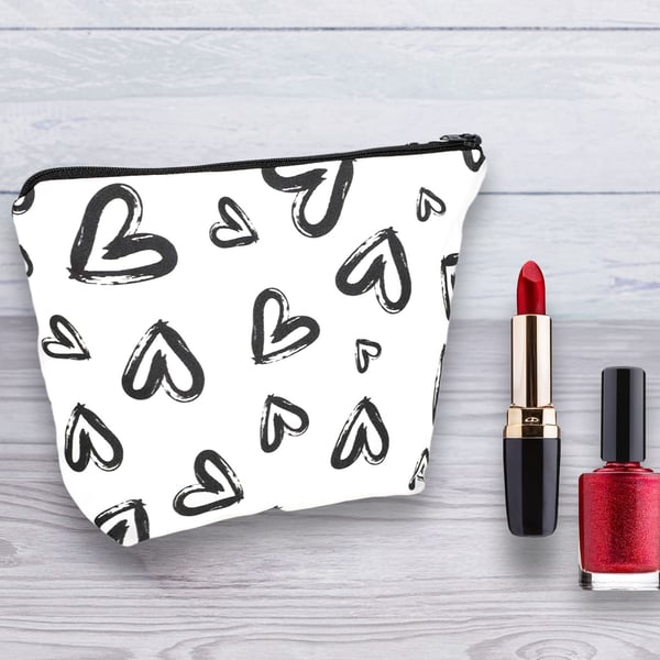Cosmetic Bag, Make up Bag, Black Hearts Design, Cosmetic Bag-131