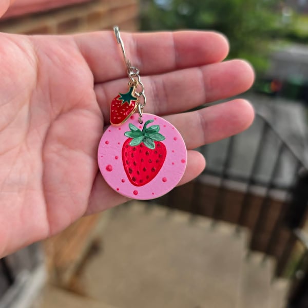Handmade Strawberry Wooden Keyring