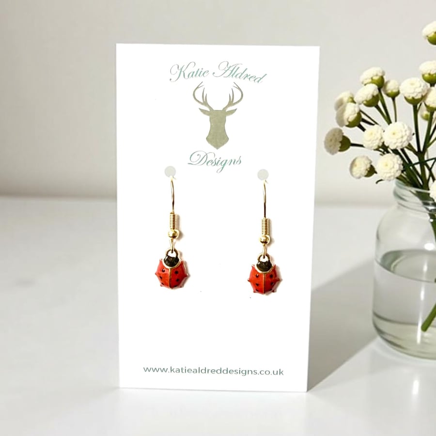 Charm Earrings - Gold Enamel Ladybird