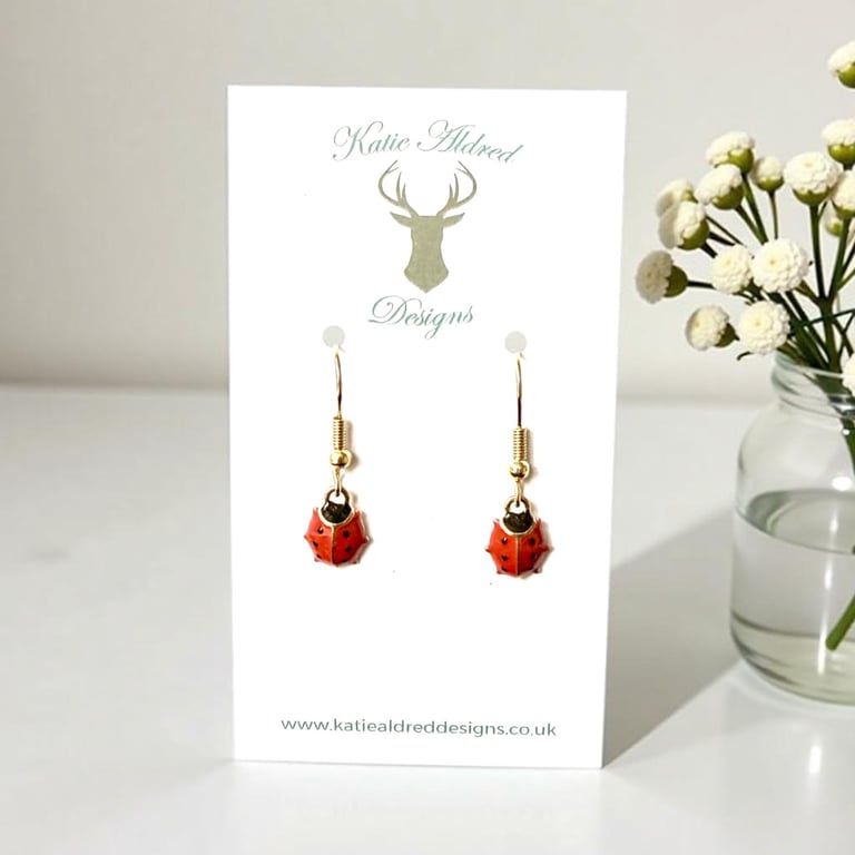 Charm Earrings - Gold Enamel Ladybird
