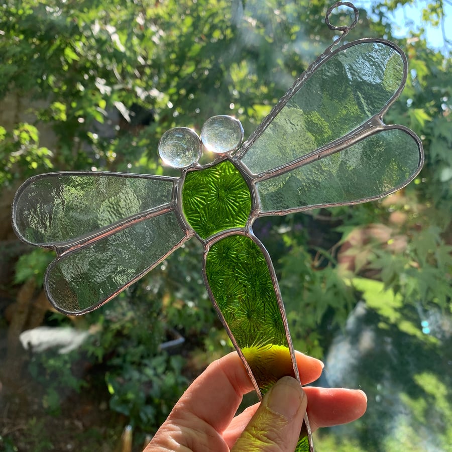 Stained Glass Dragonfly Suncatcher - Handmade Window Decoration - Lime Green