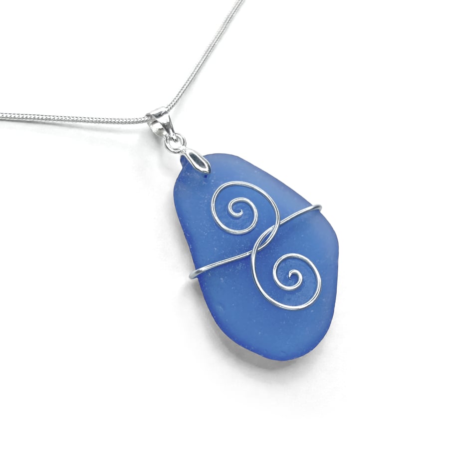 Tumbled Glass Pendant - Blue Glass - Silver Handmade Celtic Necklace Jewellery