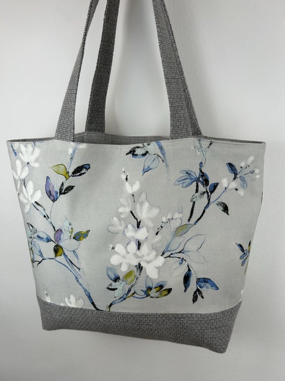 Floral Cotton Tote Bag, Light Blue, Boxed Corners