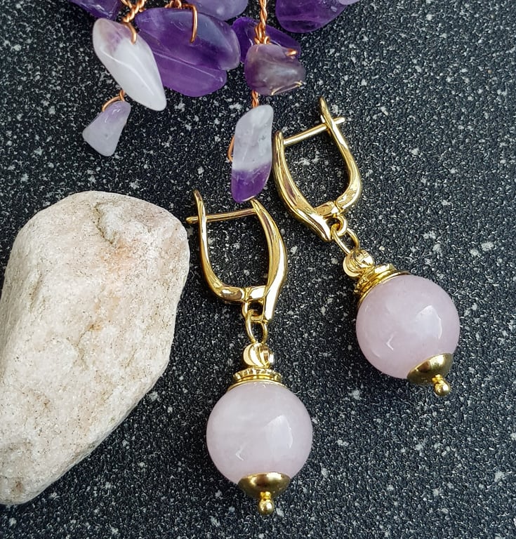 Gold plated earrings with natural rose quartz beads, handmade earrings