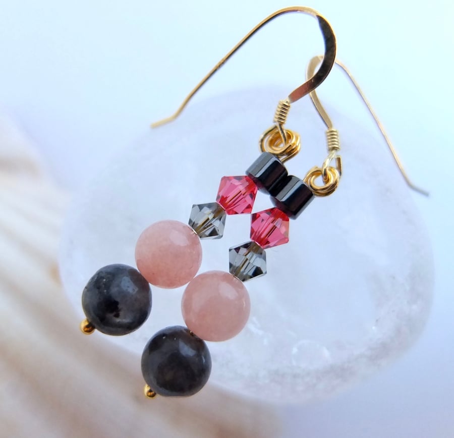 Pink Opal, Larvikite, Swarovski Crystal & Hematite Earrings - Handmade In Devon.