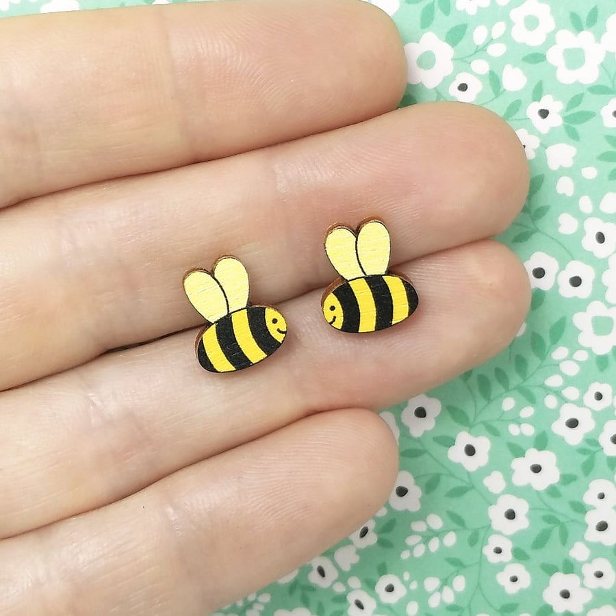 Bee Earrings, Wooden Insect Studs, Silver Plated or Sterling Silver Backs