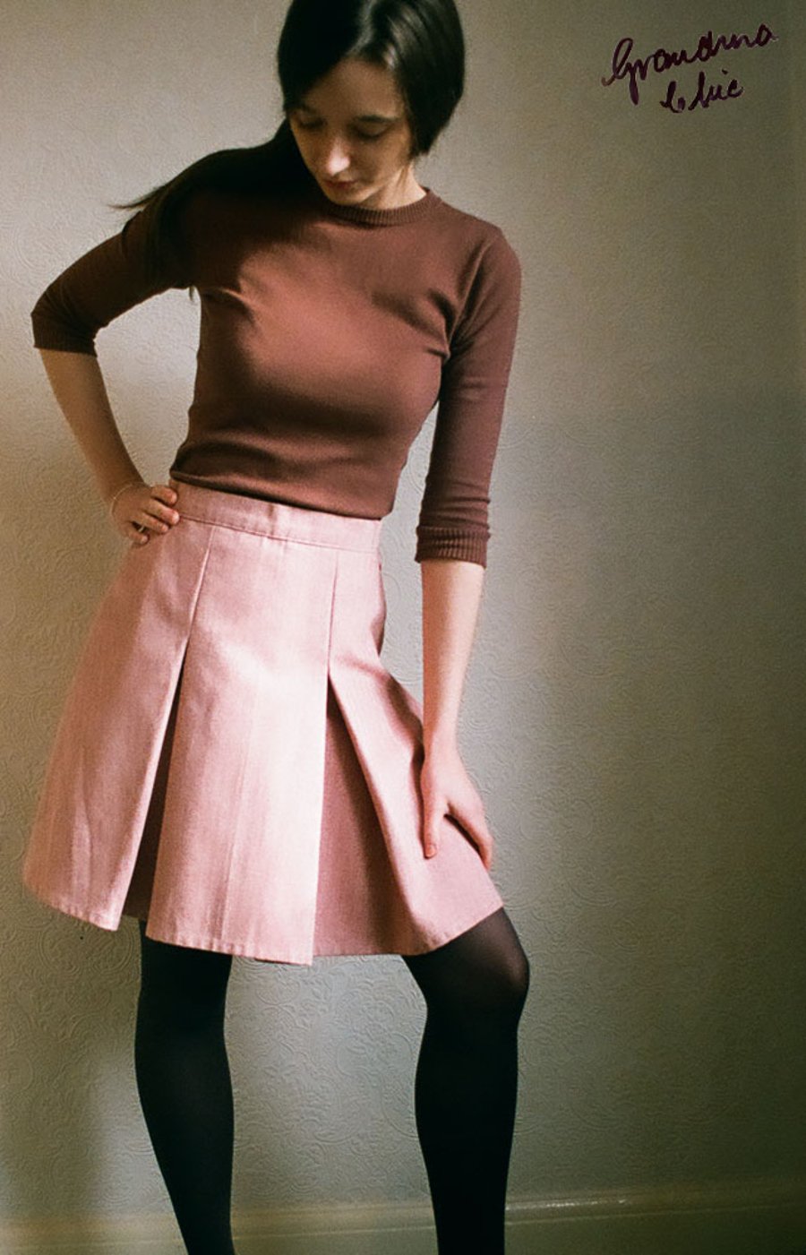 Herringbone denim pleated skirt