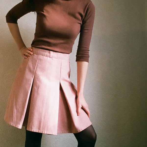 Herringbone denim pleated skirt