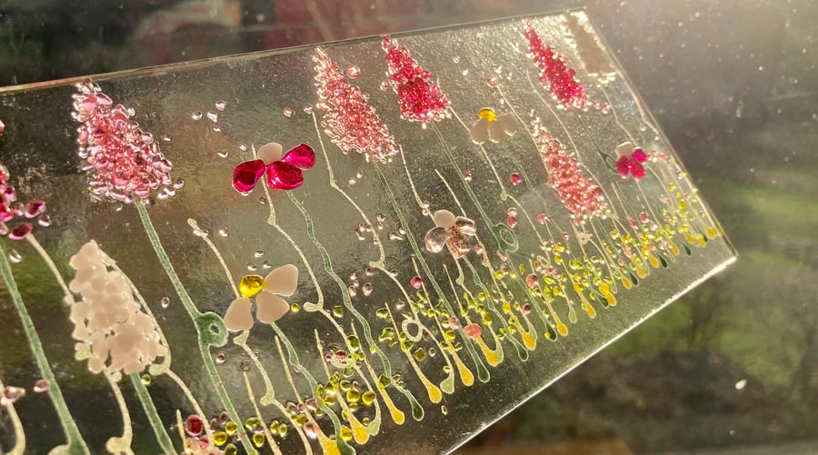 3D Fused glass pink flower meadow picture with stand
