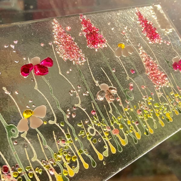 3D Fused glass pink flower meadow picture with stand