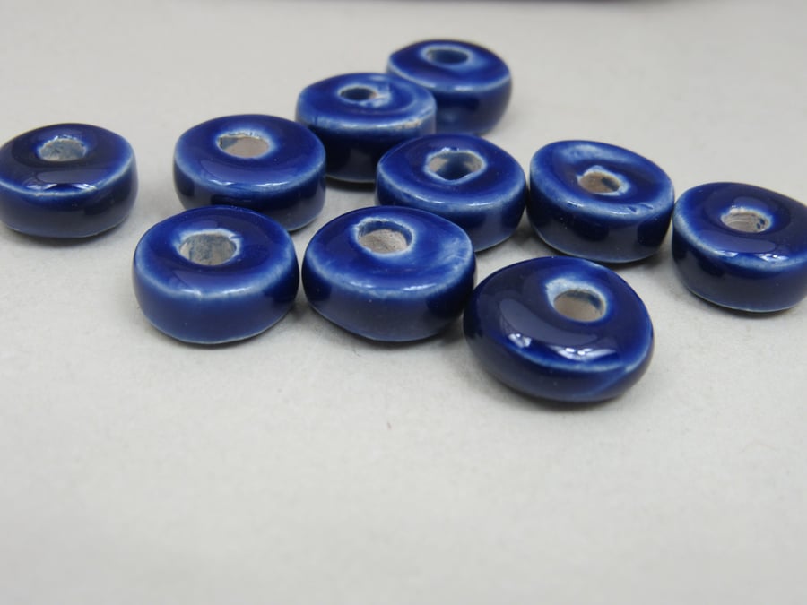 10 Small Cobalt Blue Glazed Ceramic Washer Beads