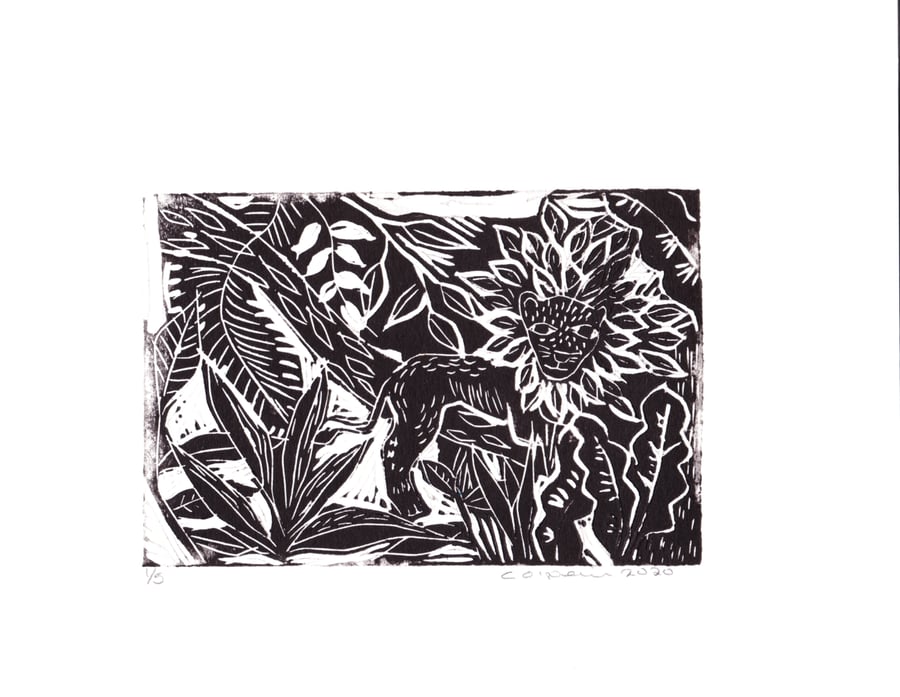 Lounging Lion.      Lino Print