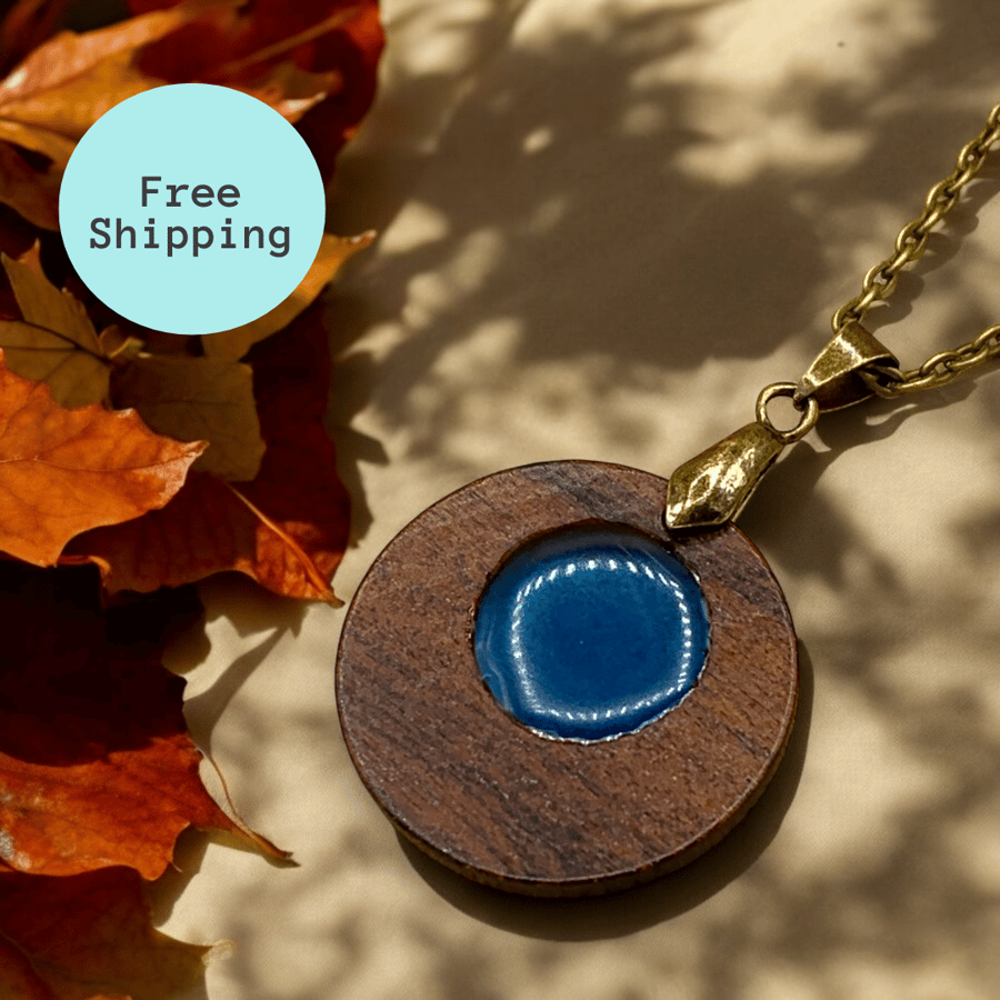 Boho Chic Blue Resin Pendant on Walnut Brown Wood - Brass Chain Necklace