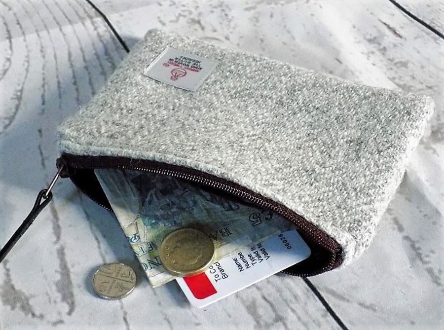 Harris Tweed large purse, gadget pouch in grey and oatmeal herringbone