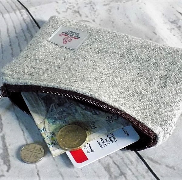 Harris Tweed large purse, gadget pouch in grey and oatmeal herringbone