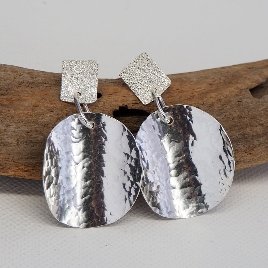 Large hallmarked sterling silver earrings, hammered silver disc earrings