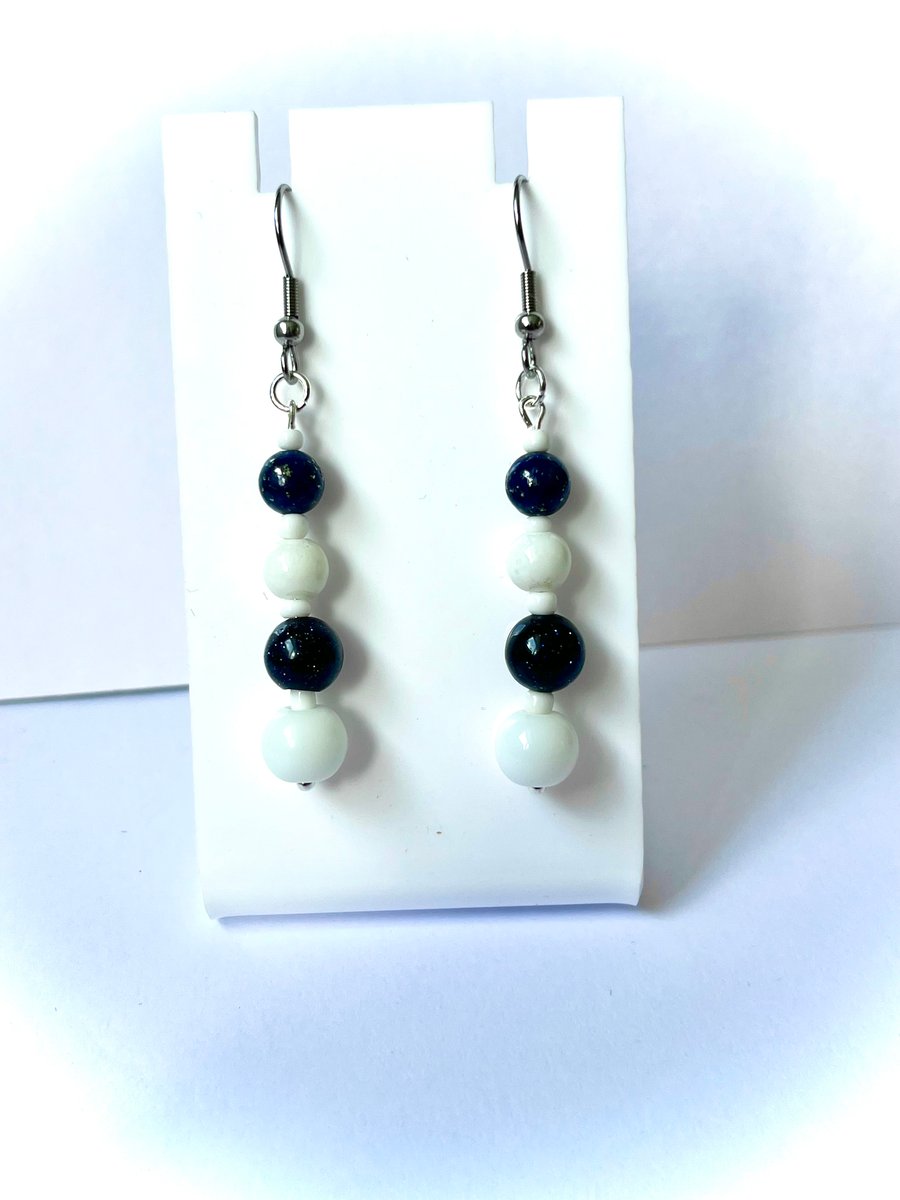 Navy and White Beaded Earrings