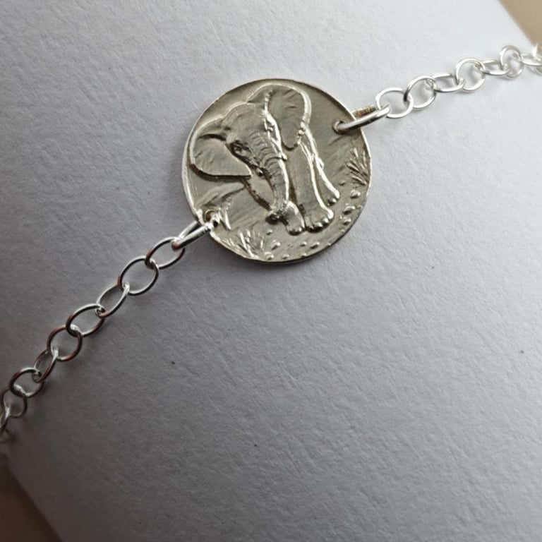 Elephant Engraved Sterling Silver Coin Bracelet
