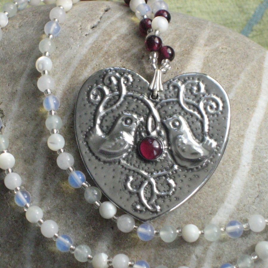 Silver Pewter Heart Birds Necklace with Garnet
