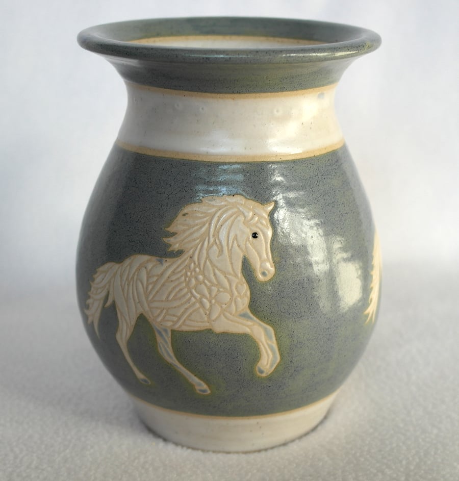 19-60 Stoneware pottery hand thrown vase with white horses