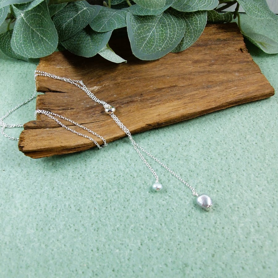 Silver Lariat Necklace with Silver Grey Pearls