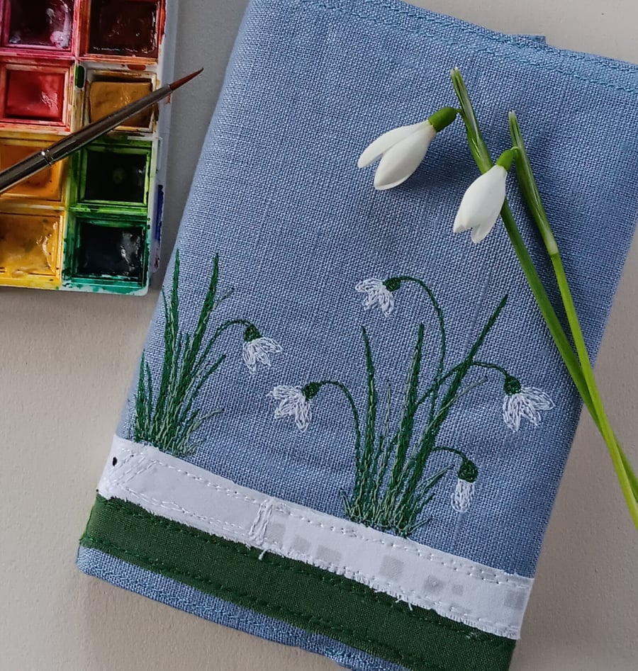 A6 Notebook Cover with Embroidered Snowdrops