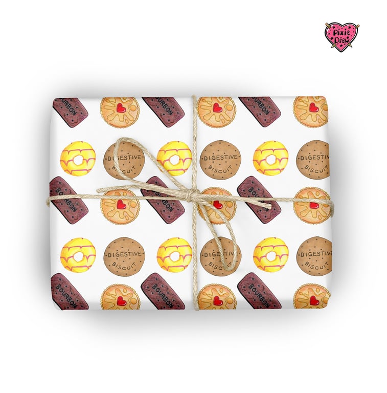 Biscuit wrapping paper with jammy dodger, bourbon, digestive biscuits