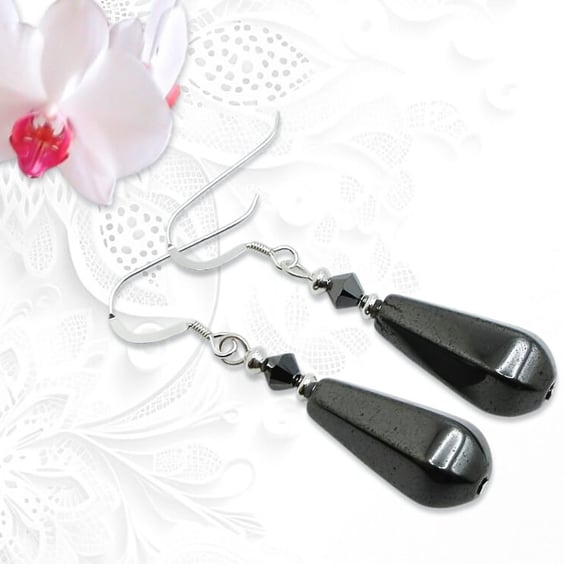 Non Magnetic Hematite Earrings With Sterling Silver & Premium Crystals