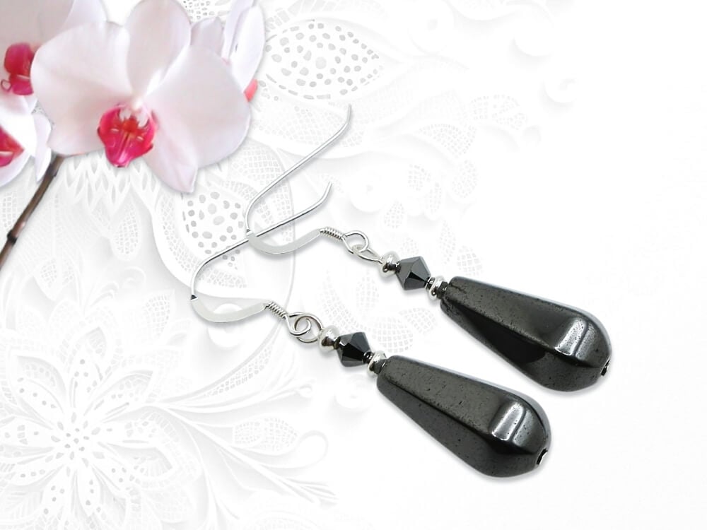 Non Magnetic Hematite Earrings With Sterling Silver & Premium Crystals